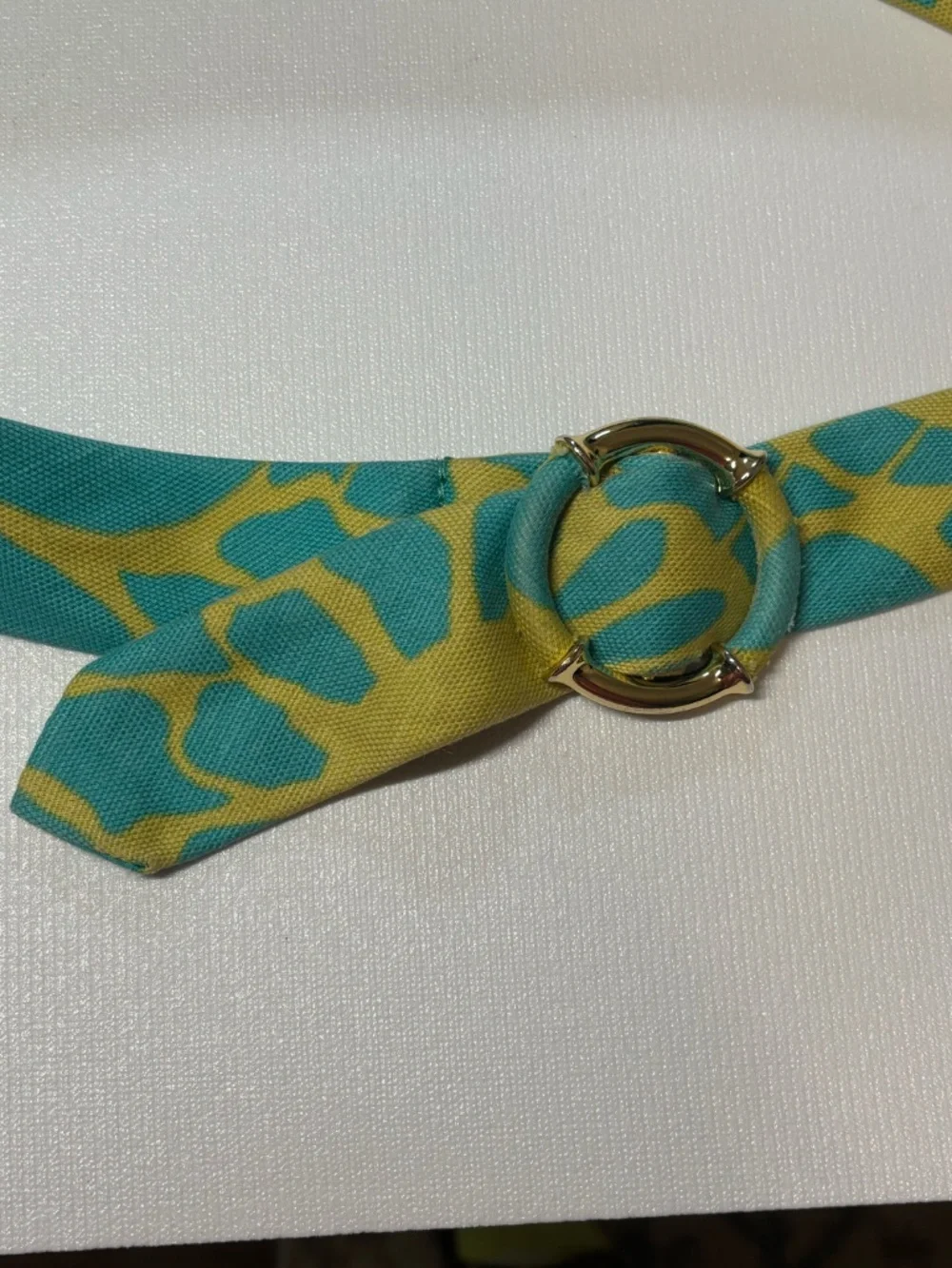 J. Crew Aqua Blue & Lime Green Printed Linen Belt Gold Horseshoe Buckle Medium